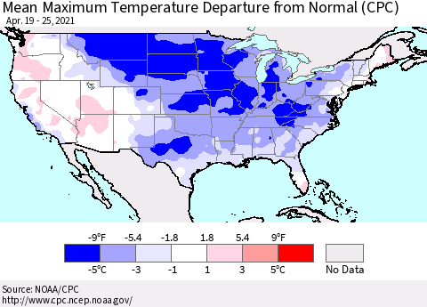 United States Maximum Temperature Departure From Normal (CPC) Thematic Map For 4/19/2021 - 4/25/2021