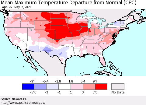 United States Maximum Temperature Departure From Normal (CPC) Thematic Map For 4/26/2021 - 5/2/2021