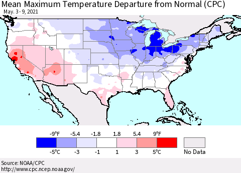 United States Maximum Temperature Departure From Normal (CPC) Thematic Map For 5/3/2021 - 5/9/2021