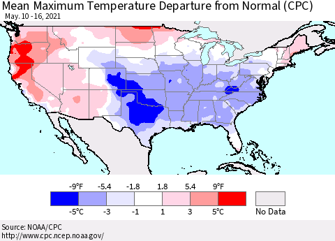 United States Mean Maximum Temperature Departure from Normal (CPC) Thematic Map For 5/10/2021 - 5/16/2021