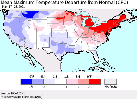 United States Maximum Temperature Departure From Normal (CPC) Thematic Map For 5/17/2021 - 5/23/2021