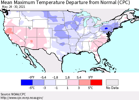 United States Maximum Temperature Departure From Normal (CPC) Thematic Map For 5/24/2021 - 5/30/2021