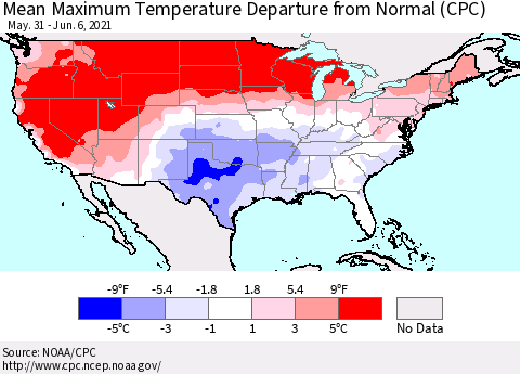 United States Mean Maximum Temperature Departure from Normal (CPC) Thematic Map For 5/31/2021 - 6/6/2021