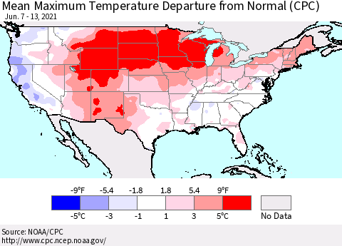 United States Mean Maximum Temperature Departure from Normal (CPC) Thematic Map For 6/7/2021 - 6/13/2021