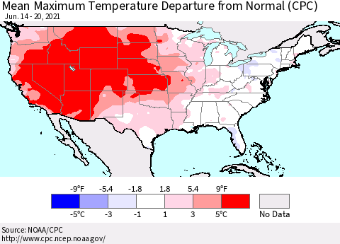 United States Maximum Temperature Departure From Normal (CPC) Thematic Map For 6/14/2021 - 6/20/2021