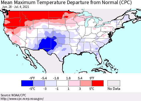 United States Mean Maximum Temperature Departure from Normal (CPC) Thematic Map For 6/28/2021 - 7/4/2021