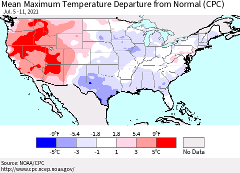 United States Maximum Temperature Departure From Normal (CPC) Thematic Map For 7/5/2021 - 7/11/2021