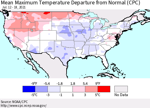 United States Mean Maximum Temperature Departure from Normal (CPC) Thematic Map For 7/12/2021 - 7/18/2021