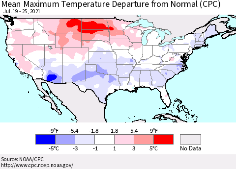 United States Mean Maximum Temperature Departure from Normal (CPC) Thematic Map For 7/19/2021 - 7/25/2021