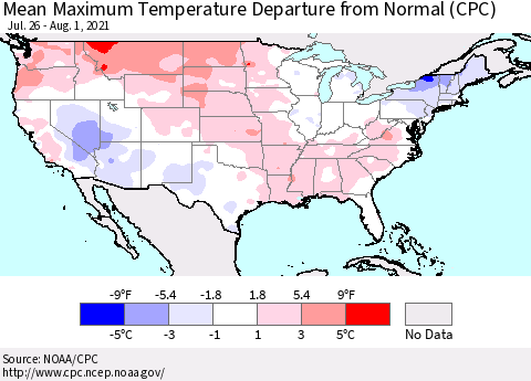 United States Maximum Temperature Departure From Normal (CPC) Thematic Map For 7/26/2021 - 8/1/2021