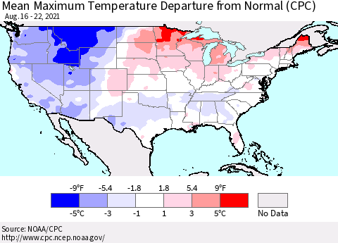 United States Mean Maximum Temperature Departure from Normal (CPC) Thematic Map For 8/16/2021 - 8/22/2021