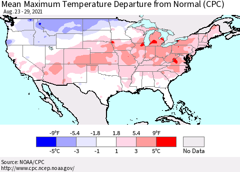 United States Mean Maximum Temperature Departure from Normal (CPC) Thematic Map For 8/23/2021 - 8/29/2021