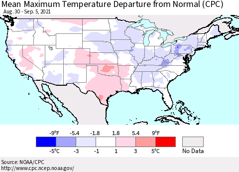 United States Mean Maximum Temperature Departure from Normal (CPC) Thematic Map For 8/30/2021 - 9/5/2021