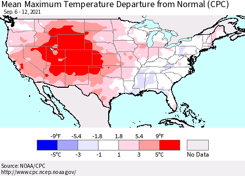 United States Mean Maximum Temperature Departure from Normal (CPC) Thematic Map For 9/6/2021 - 9/12/2021
