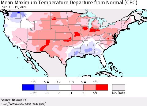 United States Mean Maximum Temperature Departure from Normal (CPC) Thematic Map For 9/13/2021 - 9/19/2021