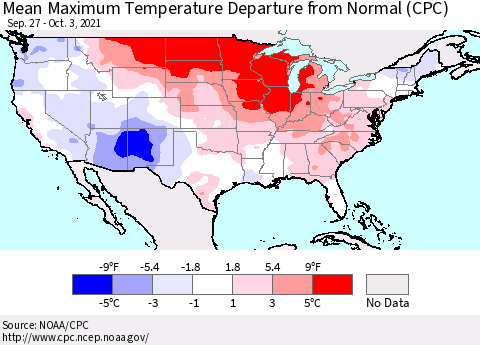 United States Mean Maximum Temperature Departure from Normal (CPC) Thematic Map For 9/27/2021 - 10/3/2021