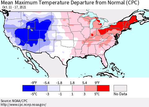 United States Maximum Temperature Departure From Normal (CPC) Thematic Map For 10/11/2021 - 10/17/2021