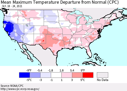 United States Maximum Temperature Departure From Normal (CPC) Thematic Map For 10/18/2021 - 10/24/2021