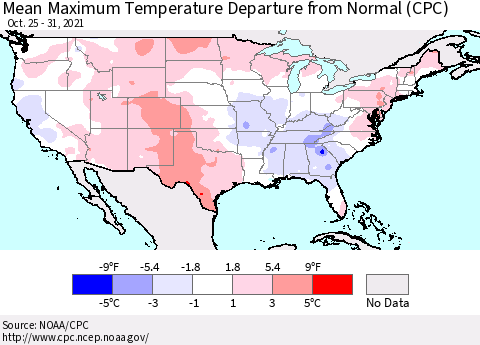 United States Mean Maximum Temperature Departure from Normal (CPC) Thematic Map For 10/25/2021 - 10/31/2021