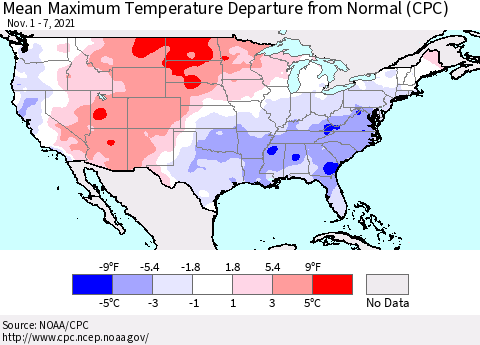 United States Maximum Temperature Departure From Normal (CPC) Thematic Map For 11/1/2021 - 11/7/2021
