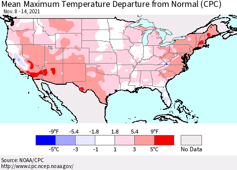 United States Maximum Temperature Departure From Normal (CPC) Thematic Map For 11/8/2021 - 11/14/2021