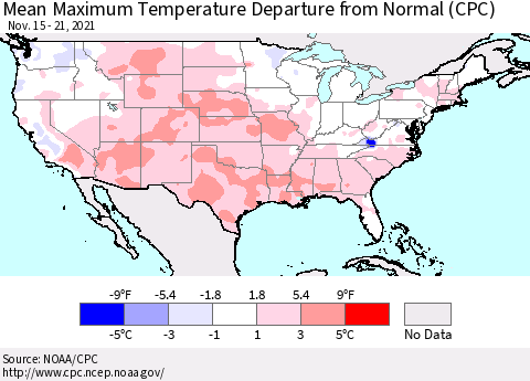 United States Mean Maximum Temperature Departure from Normal (CPC) Thematic Map For 11/15/2021 - 11/21/2021