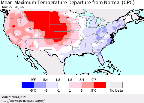 United States Mean Maximum Temperature Departure from Normal (CPC) Thematic Map For 11/22/2021 - 11/28/2021