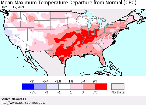 United States Mean Maximum Temperature Departure from Normal (CPC) Thematic Map For 12/6/2021 - 12/12/2021