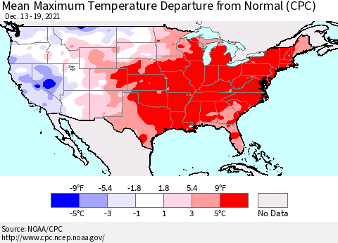 United States Mean Maximum Temperature Departure from Normal (CPC) Thematic Map For 12/13/2021 - 12/19/2021