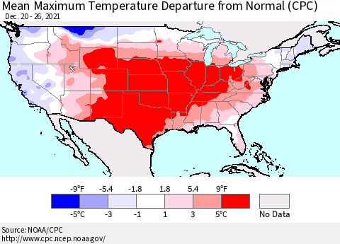United States Mean Maximum Temperature Departure from Normal (CPC) Thematic Map For 12/20/2021 - 12/26/2021