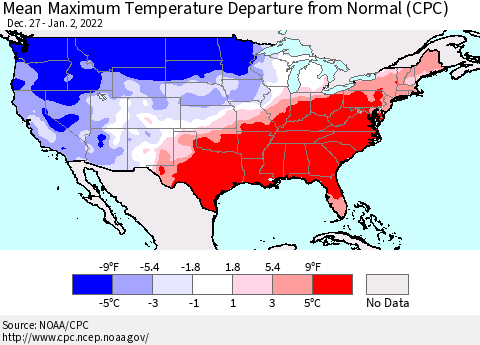 United States Mean Maximum Temperature Departure from Normal (CPC) Thematic Map For 12/27/2021 - 1/2/2022