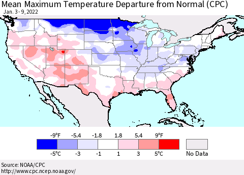 United States Mean Maximum Temperature Departure from Normal (CPC) Thematic Map For 1/3/2022 - 1/9/2022