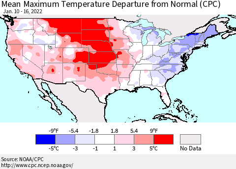 United States Mean Maximum Temperature Departure from Normal (CPC) Thematic Map For 1/10/2022 - 1/16/2022