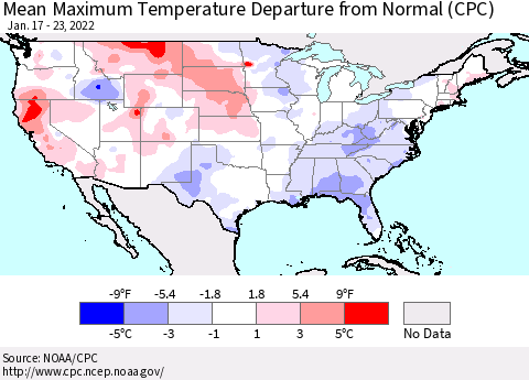 United States Maximum Temperature Departure From Normal (CPC) Thematic Map For 1/17/2022 - 1/23/2022