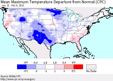 United States Mean Maximum Temperature Departure from Normal (CPC) Thematic Map For 1/31/2022 - 2/6/2022