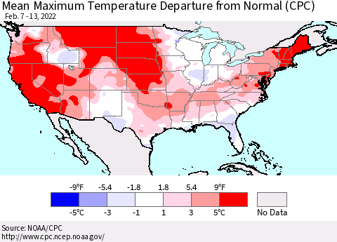 United States Mean Maximum Temperature Departure from Normal (CPC) Thematic Map For 2/7/2022 - 2/13/2022