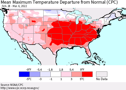 United States Mean Maximum Temperature Departure from Normal (CPC) Thematic Map For 2/28/2022 - 3/6/2022