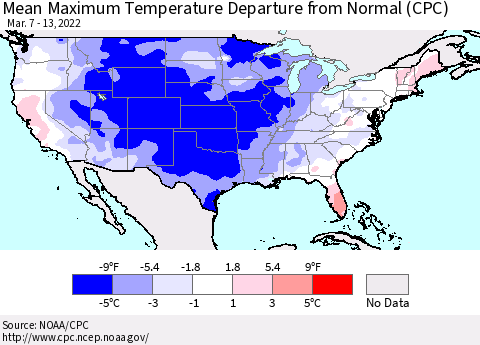 United States Mean Maximum Temperature Departure from Normal (CPC) Thematic Map For 3/7/2022 - 3/13/2022