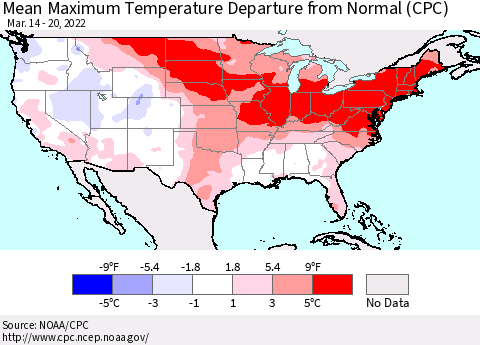United States Mean Maximum Temperature Departure from Normal (CPC) Thematic Map For 3/14/2022 - 3/20/2022