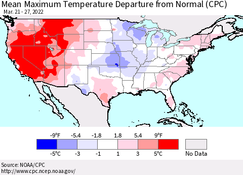 United States Mean Maximum Temperature Departure from Normal (CPC) Thematic Map For 3/21/2022 - 3/27/2022