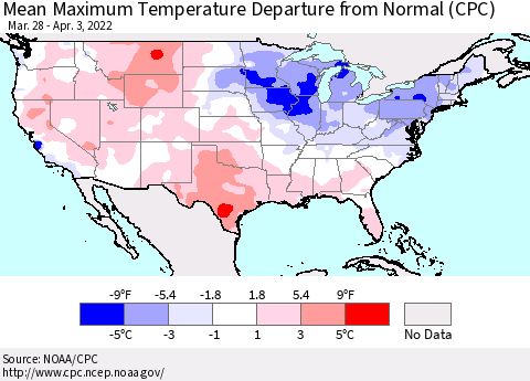 United States Mean Maximum Temperature Departure from Normal (CPC) Thematic Map For 3/28/2022 - 4/3/2022