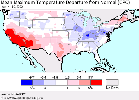 United States Mean Maximum Temperature Departure from Normal (CPC) Thematic Map For 4/4/2022 - 4/10/2022
