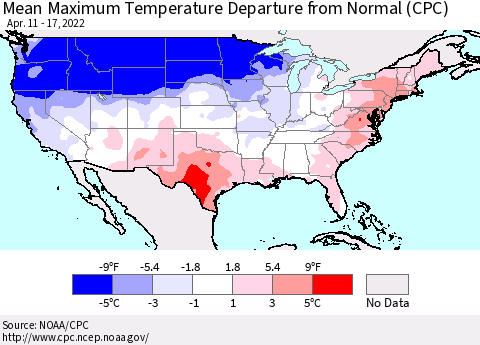 United States Maximum Temperature Departure From Normal (CPC) Thematic Map For 4/11/2022 - 4/17/2022