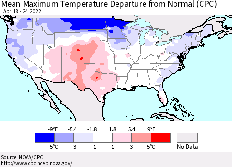 United States Maximum Temperature Departure From Normal (CPC) Thematic Map For 4/18/2022 - 4/24/2022