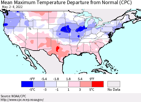 United States Mean Maximum Temperature Departure from Normal (CPC) Thematic Map For 5/2/2022 - 5/8/2022