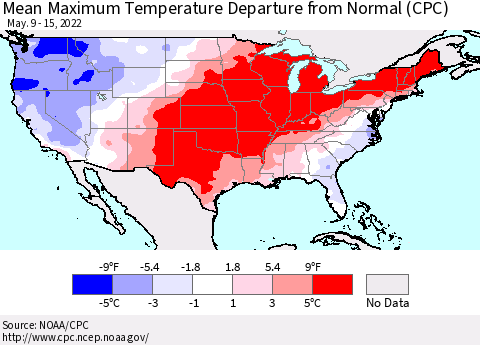 United States Mean Maximum Temperature Departure from Normal (CPC) Thematic Map For 5/9/2022 - 5/15/2022