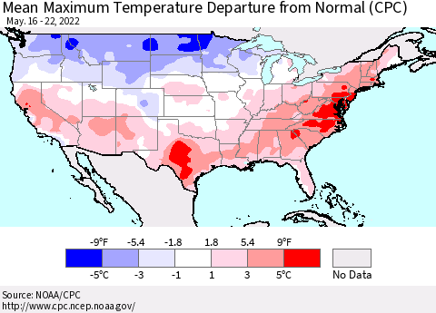United States Maximum Temperature Departure From Normal (CPC) Thematic Map For 5/16/2022 - 5/22/2022