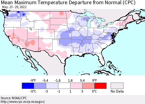 United States Maximum Temperature Departure From Normal (CPC) Thematic Map For 5/23/2022 - 5/29/2022