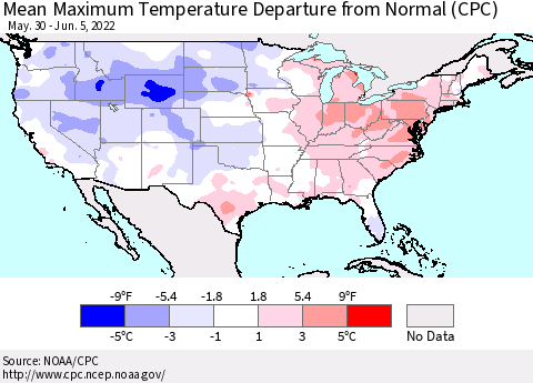 United States Mean Maximum Temperature Departure from Normal (CPC) Thematic Map For 5/30/2022 - 6/5/2022