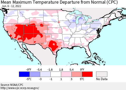 United States Mean Maximum Temperature Departure from Normal (CPC) Thematic Map For 6/6/2022 - 6/12/2022